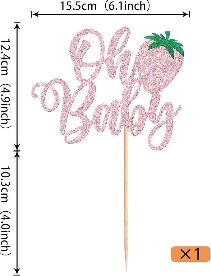 1 Pack Sweet Oh Baby Cake Topper Glitter Strawberry Cake Pick Fruit Berry Cake Decoration for Summer Baby Shower Kids Birthday Party Supplies Pink