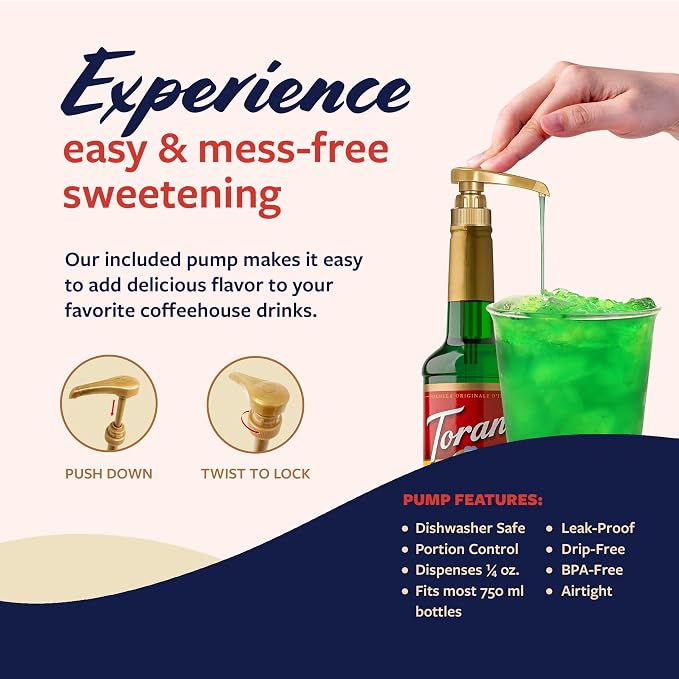 Torani Green Apple Syrup for Drinks, Flavoring for Sodas and Cocktails, Glass Bottle with Pump Included, 25.4 Fl Oz