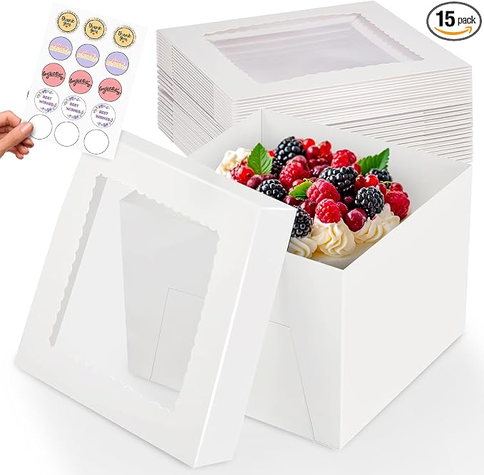 RICCLE 15pcs Cake Boxes, 12x12x8 Inches Tall Cake Box with Window, Large White Bakery Boxes, Baking Boxes, Square Cardboard Cake Box for Multi-Layer Cakes, Cake Decorating Supplies