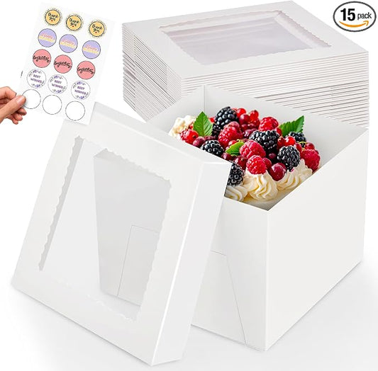 RICCLE 15pcs Cake Boxes, 12x12x8 Inches Tall Cake Box with Window, Large White Bakery Boxes, Baking Boxes, Square Cardboard Cake Box for Multi-Layer Cakes, Cake Decorating Supplies