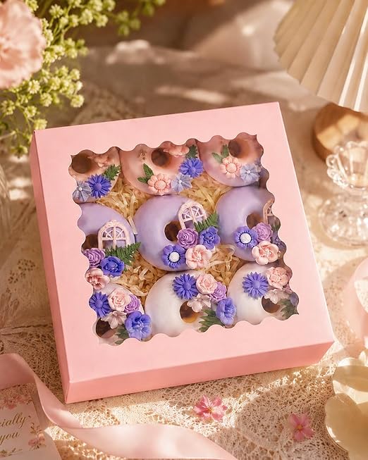 Bakepacker 55pcs Pink Pie Boxes 8x8x2.5 inches Easy Assemble Macaroon Cookie Boxes Bakery Boxes with Window for Bakery (Auto-pop Up)