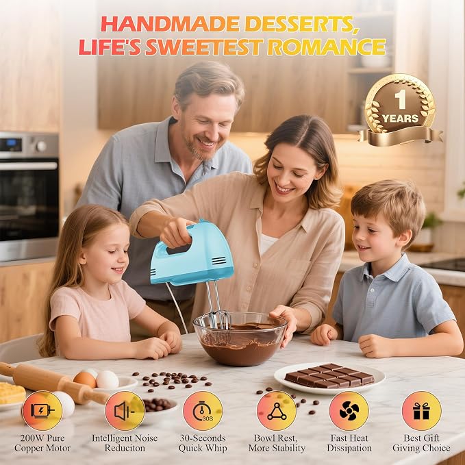 WADODO 7-Speed Electric Hand Mixer – Portable Food Mixer Kitchen Mixer with 304 *(1x Whisk, 2x Beater, 2x Dough hook) for Baking Cakes, Cream, Cookies, BLUE