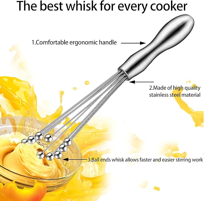 2Pcs Ball Whisk Set — Stainless Steel Whisk Set with Comfortable Ergonomic Handle | Excellent for Eggs, 10 Ball Head, Easy to Clean — Compact 12” & 10” for Versatile Stirring