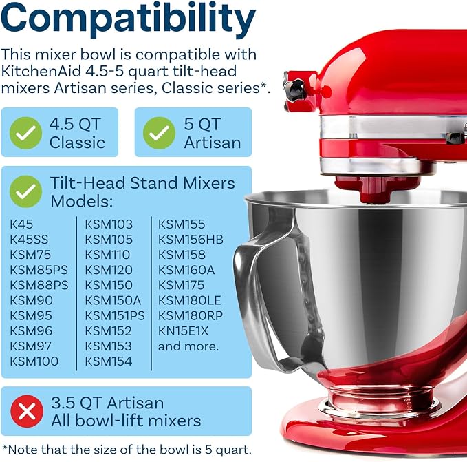 Mixer Attachments for KitchenAid 4.5–5 Quart Tilt-Head Stand Mixers – Compatible with Artisan & Classic – Beaters, Whisks, Dough Hooks & Attachment Sets by MMOBIEL (Mixer Bowl, Stainless Steel)