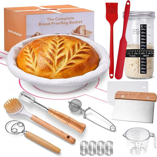 Sourdough Starter Kit, 9" Wood Pulp Banneton Proofing Basket with Jar & Lid | Complete Kit with 9" Banneton Basket & 24oz Jar. Reduces Sticking, Keeps Starter Fresh, For Home Baking, Beginners & Pros