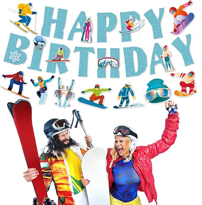 Zwiebeco Blue Skiing Happy Birthday Banner Bunting Garland Hanging Paper Party Decoration for Boys Girls Mens Womens Snow Skier Lover Winter Ski Snowboard Sports Themed Bday Decor Accessories Supplies