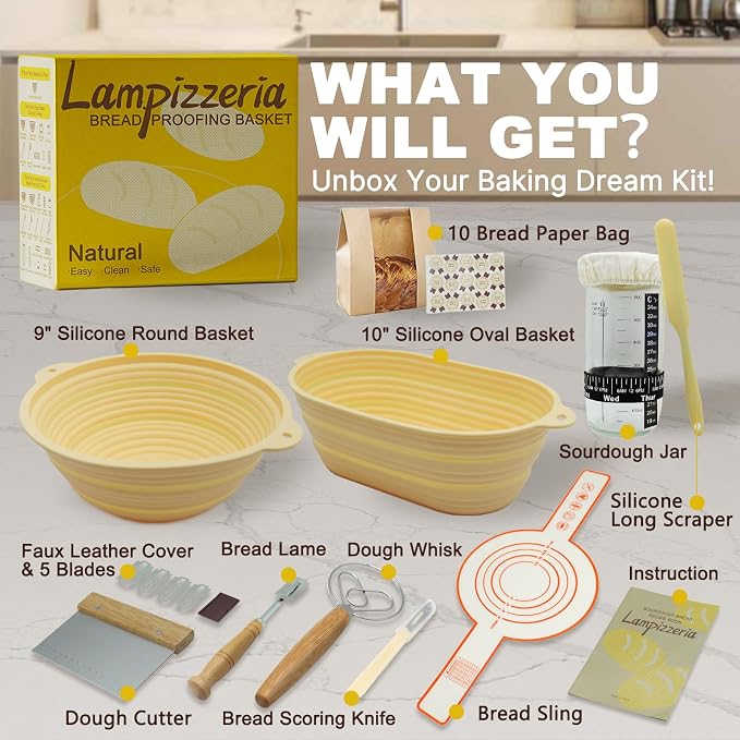 Silicone Proofing Basket Set Round & Oval - D'ita Collapsible Bread Banneton with Tools (Non-Stick, Easy Clean) Complete Baking Gift Kit Bread Proofing for Home Bakers