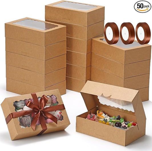 COTOPHER Auto Pop Up Cookie Box with Window 9x6x2.5 Inches – 50 Pack Brown Bakery Boxes with Ribbon for Birthday Party Favors, Wedding, Christmas Gift Packaging for Cookies, Candy, Macarons