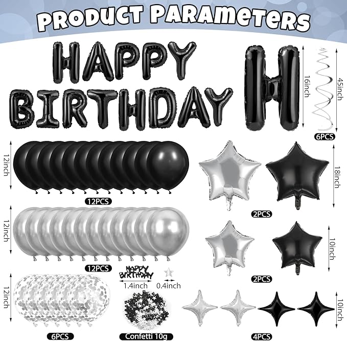 Black Happy Birthday Balloons Decorations Black and Silver Birthday Balloon Letters Banner with 8Pcs Star Balloons Hanging Swirls 10g Table Confetti for Home Room Bday Party Decorations Supplies