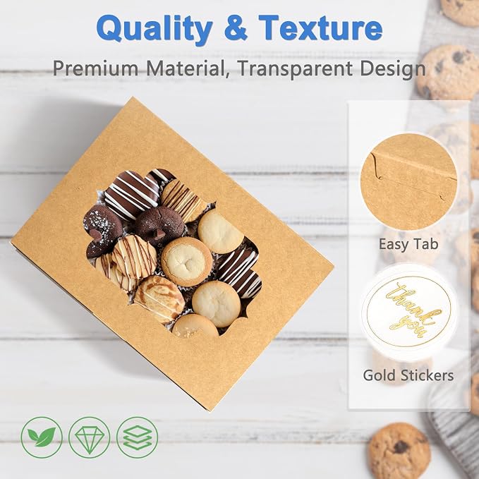 50 Pcs Bakery Boxes 8-In with Windows, Cookie Boxes Brown for Chocolate Covered Strawberries, Treats, Donuts, Cupcakes, and Candy Gift Giving 8x6x2.5 Inch