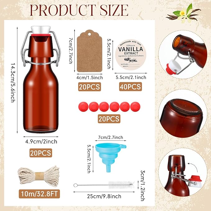Vesici 12 Sets Swing Top Glass Bottles Set Amber Homemade Vanilla Extract Bottles Vanilla Extract Jars for Christmas DIY Crafts (4 Oz)