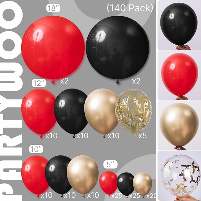 PartyWoo Red Black and Gold Balloon Arch Kit Garland 140pcs Different Sizes of 18 12 10 5 Inch Matte Black Red Metallic Gold Confetti Balloons for New Year's Eve Graduation Birthday Party Decorations