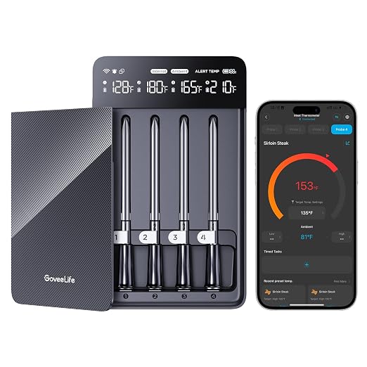 GoveeLife Bluetooth Wireless Meat Thermometer with 4 Probes, WiFi Unlimited Range, ±1.8℉ Accuracy, IP68 Waterproof Real Time Monitoring Digital Food Thermometer for Kitchen, BBQ, Grill, Oven, Smoker