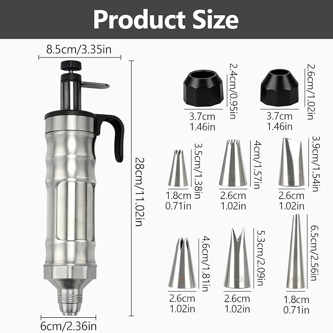 Dessert Decorating Syringe Set, Stainless Steel Frosting Piping Kit with 2 Tip Couplers & 6 Decorating Piping Tips Icing Piping Kit Cupcake Decorating Kit Cake Decorating Tools (Black)