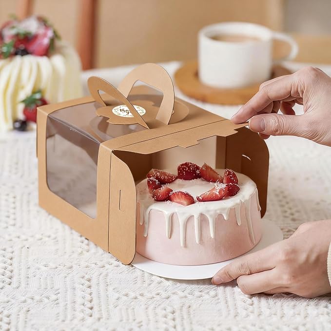 15PCS Brown 6x6x6 Inch Cake Boxes with Window Handle Boxes 6 Inch with Cake Boards for Gift Giving Elegant Paper with Ribbon Stickers for Weddings Birthdays Holidays Corporate Event Party Favors