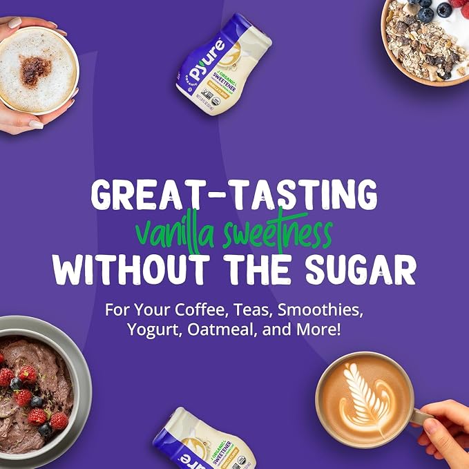 Pyure Organic Vanilla Stevia Liquid Sweetener, Sugar-Free Stevia Drops, Keto Sugar Substitute, Zero Calorie,Zero-Carb, Zero-Sugar, Liquid Sweetener for Coffee,Tea, Baking, 1.8 fl oz Bottle (Pack of 4)