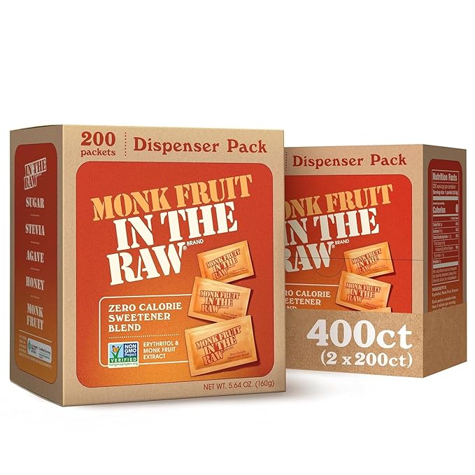 MONK FRUIT IN THE RAW, 200 count Packets, Pack of 2, Natural Monk Fruit Sweetener w/Erythritol, Sugar-Free
