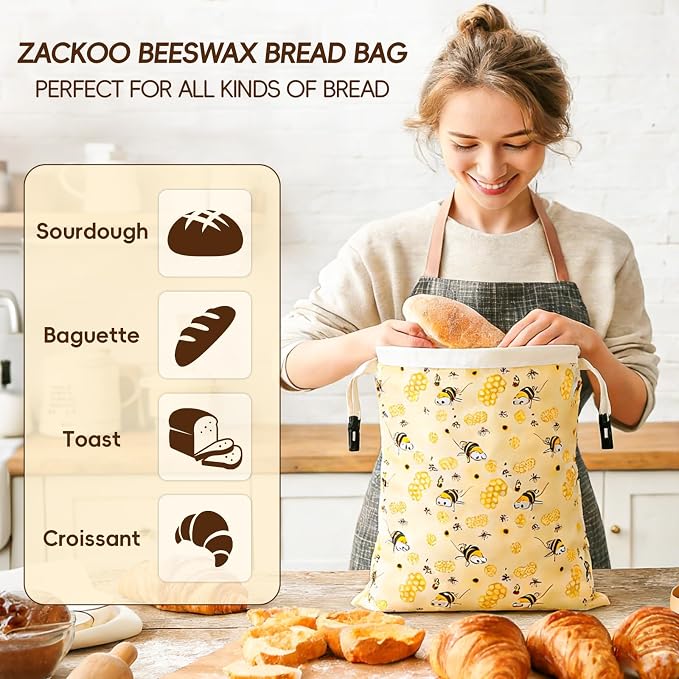 2 Pack Beeswax Bread Bags for Homemade Bread, Bees Wax Bread Bags Storage for Homemade Sourdough with Removable Beeswax Lining, XL 17'' x 13'', Freezer Friendly, Keeps Fresh