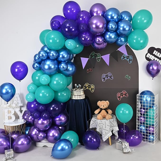 Black Purple Blue Balloons Garland Arch Kit, Metallic Blue Purple Teal Black Balloons Arch Kit, Metallic Balloon for Kids Boys Man Video Game Birthday Party Baby Shower Graduation Decorations