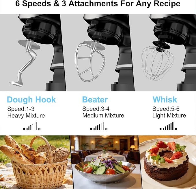Electric Stand Mixer, Kitchen Mixer 6.5-Quart Tilt-Head, 6 Speeds with Dough Hook, Whisk, Beater, and Splash Guard, Stainless Steel Bowl for Baking