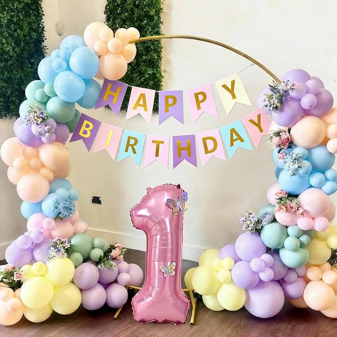 1st Pastel Rainbow Birthday Decorations for Girls,Macaron Pink Blue Purple Green Yellow Colorful Confetti Balloons Banner Star Heart Number 1 Foil Balloon Butterfly Stickers Easter Decor