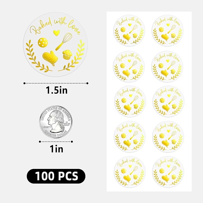 100PCS Baked with Love Stickers 1.6" Round Gold Foil Baking Labels for Cookies, Candy Table, Bakery Packaging, Unique Touch to Your Business and Homemade Cookies, Dessert Table Decor (Gold)