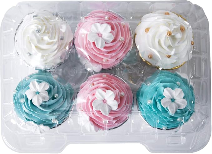ONE MORE Clear Cupcake Boxes 6 Cavity Holder, Large 6 Compartment Muffin Containers Plastic Cupcake Carrier with Deep Dome 4" High Safe Eco-friendly Material Pack of 15
