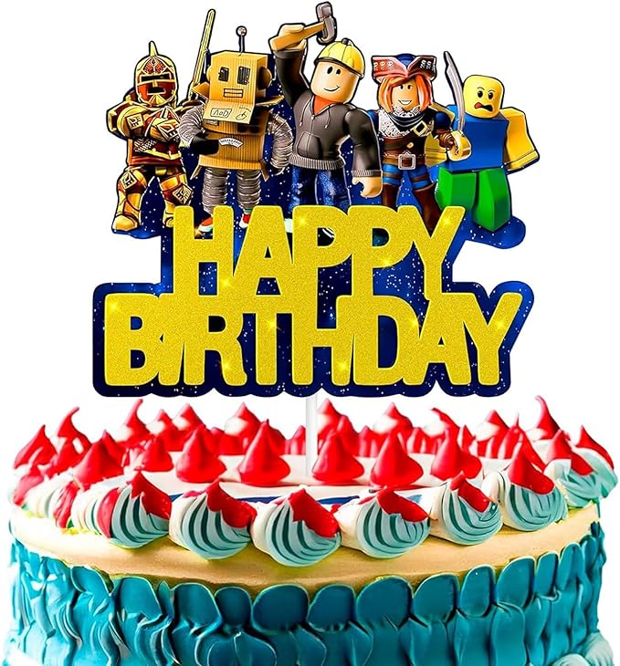 Easy Adjusting Gamer Cake Topper with Eye-Catching Design - 5.1"x5.9" Video Game Cake Topper Happy Birthday, Made from Cardboard with Sturdy Plastic Stick - Boy & Girl Gamer Birthday Party Decorations