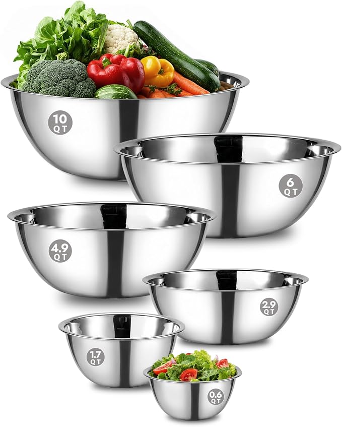 CURTA 6 Piece Stainless Steel Mixing Bowls Set, Heavy-Duty Nesting Metal Bowls (0.6–10 QT) with Flat Base, Large Prep Bowls for Baking, Cooking, Salad Tossing & Meal Prep