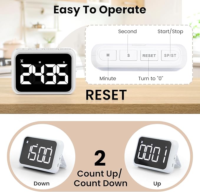 USB Rechargeable Loud Digital Kitchen Timer with Large LCD Display & Adjustable Loud Alarm - Ideal Magnetic Timer for Desk or Kitchen