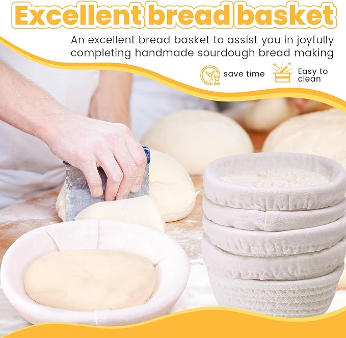 Honeydak 6 Pcs Cotton Rope Banneton Bread Proofing Basket Sets Round Sourdough Bowls with Two Liners for Artisan Sourdough Bread Making Handmade Kitchen Professionals(6.5",White)