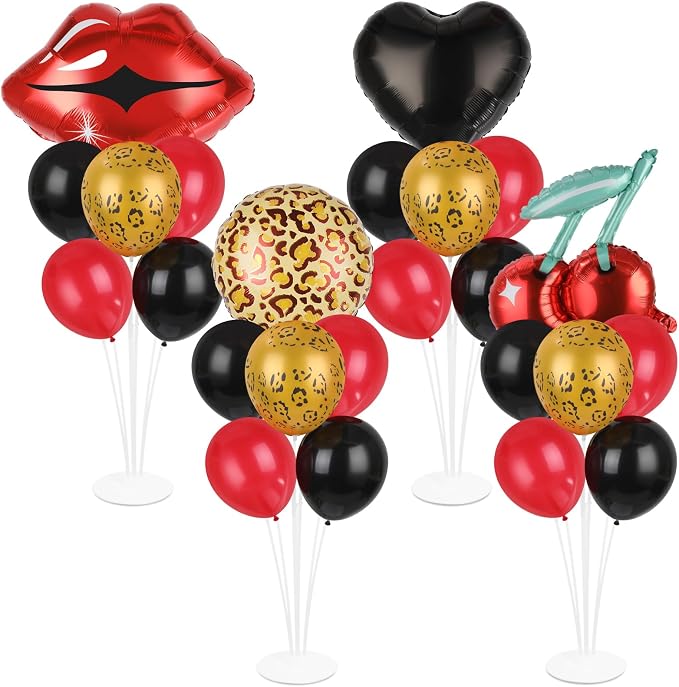4 Sets Cheetah and Cherry Party Balloons Stand Kit with Black Red Cherry Leopard Print Foil Balloon Centerpiece for Tables Leopard Print Party Balloon for Girls Women Leopards Birthday Decorations