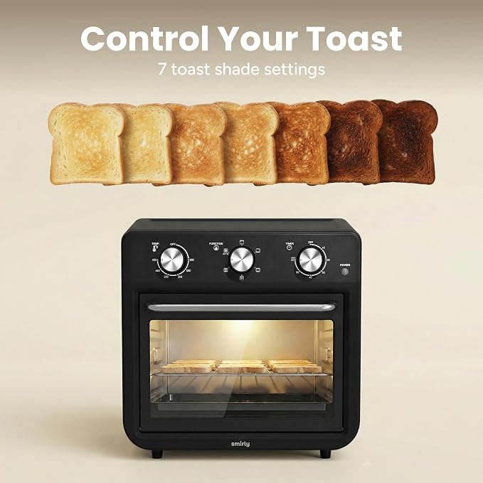 SMIRLY 6-in-1 Air Fryer Toaster Oven Combo, 27QT Convection Oven Countertop, 1800W Oven for Toast, Roast, Bake, Reheat, Broil, Warm, Fits up to a 4 lb Turkey, 12" Pizza, 6 Toast, Black