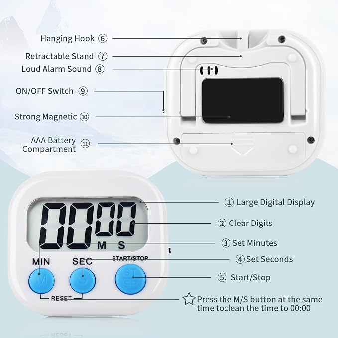 4 Pack Digital Kitchen Timer Magnetic Digital Timer with Big Display Loud Ring Cooking Timers for Cooking, Game, Gym, Break Time, Classroom(4, Pink, Green, Orange, White)