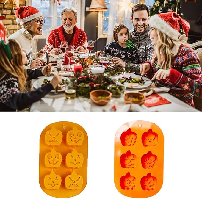 6 Cavities Silicone Cookies Biscuit Mold, Christmas Halloween Candy Mold, Reusable DIY Baking Mold Jelly Chocolate Mold, Ice Cube Tray Wax Melt Molds(Set of 2 Orange Pumpkin)