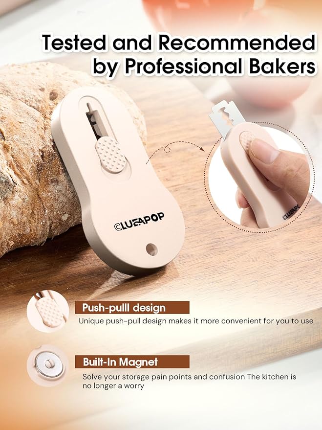 Bread Lame Dough Scoring Tool with Extractable & Magnetic - Bread Knife Sourdough Scoring Tool - Sourdough Bread Baking Supplies - Scoring Patterns Booklet Includes 5 Bread Razor Blades (Cream)