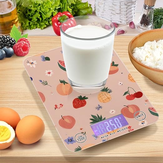 Food Scale Kitchen Digital Scale Food Ounces and Grams Dieting Baking Cooking Waterproof Glass Panels LCD Display,4 Units Scale Tare Function Peach Fruits
