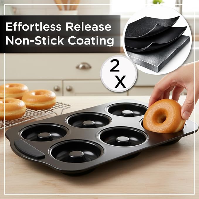 Wrenbury Donut Mold for Baking - NonStick Toughened Carbon Steel Bagel Pan | Silicone Grip Handles, PFOA Free, Easy Release, Even Heating, Oven and Dishwasher Safe, 3.5 Inch Cups