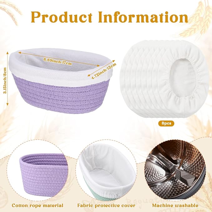 4 Pcs 6.7 Inch Bread Proofing Basket Set Cotton Rope Oval Banneton Basket Sourdough Bread with Liners Covers for Baking Supplies (Fresh Color)