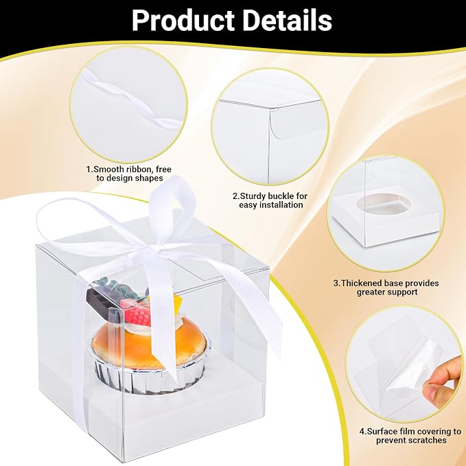 EUSOAR Plastic Individual Tall Cupcake Box, 12pcs 3.5 Inch White Clear Cupcake Wrappers, Single Transparent Cupcake Holder Carrier with Ribbon and Inserts for Wedding Anniversary Birthday Tea Party