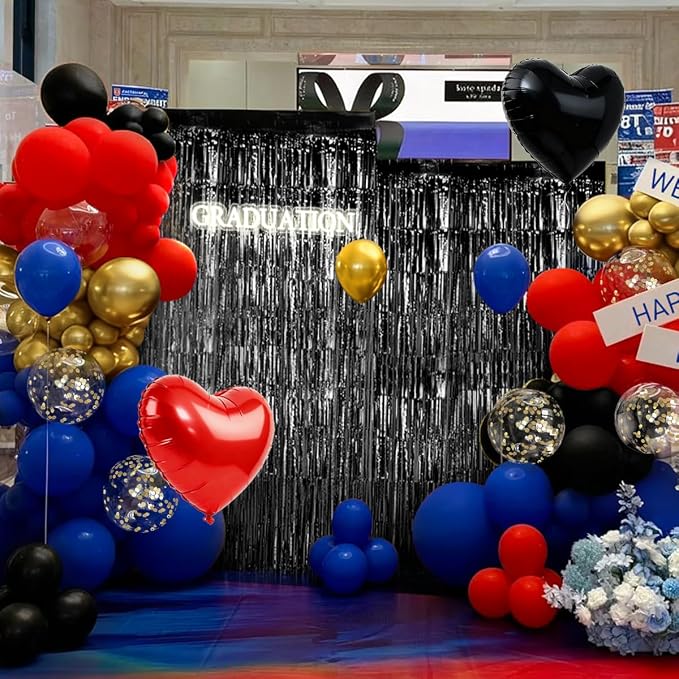 157Pcs Black Gold Red Blue Balloons Garland Arch Kit with Black Fringe Curtain Backdrop for Graduation Birthday New Year's Eve Baby Shower Party Decorations