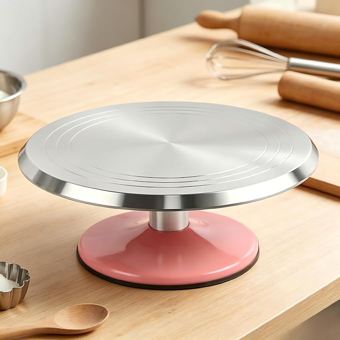 12-Inch Aluminum Alloy Cake Turntable, Rotating Cake Decorating Stand with Non-Slip Detachable Pink Base & Concentric Marking Circles, Smooth 360 Rotation for Baking, Model Coloring, Display