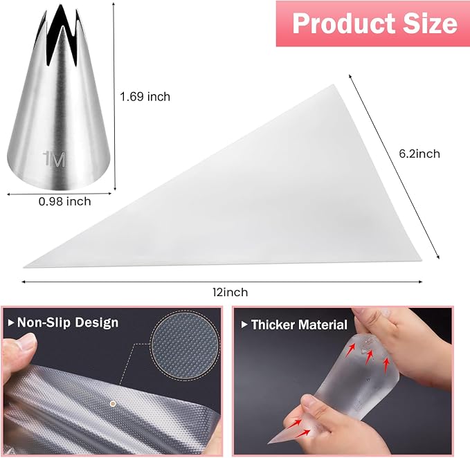 Large 1M Open Star Stainless Steel Piping Tips, 3 Pieces | 20 Disposable Piping Bags, For Cake Decorating, Cupcakes Icing and Frosting