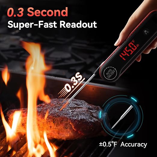 0.3s Ultra‑Fast Instant Read Meat Thermometer, IP67 Waterproof Food Thermometer with Rotating Display & Calibration Function for Grill BBQ Frying Kitchen Cooking(Red)