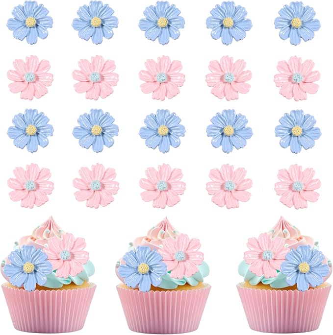 20Pcs Flowers Cupcake Toppers Blue Pink Flowers Cake Topper for Bridal Engagement Baby Shower Kids Birthday Wedding Anniversary Fairy Floral Party Table Decor