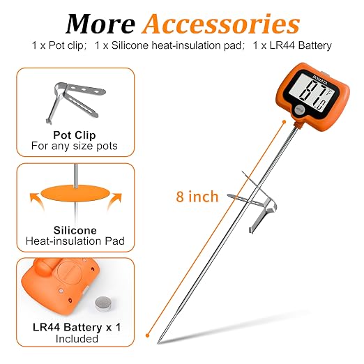 BOMATA Digital Candy Thermometer with Pot Clip, Deep Fry Oil Thermometer with Rotatable Display & Long Probe, for Candy Candle Making, Cooking, Food, Liquids, Water, Sugar.. Orange