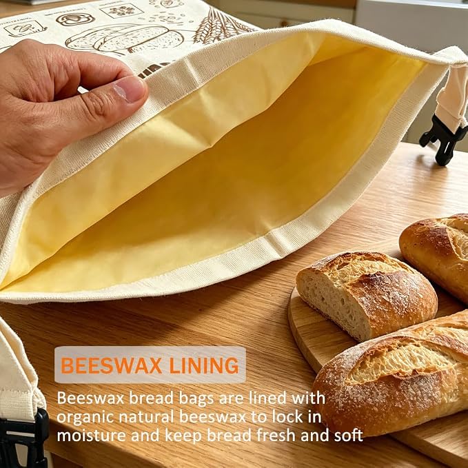KINGYEENUO 2 Pack Beeswax Bread Bags for Sourdough, Reusable Large Cotton Linen Storage Bags with Zipper, Plastic-Free Food Preservation Wraps for Artisan Loaves, Baguettes & Freshness | Cotton Linen Storage Bags with Zipper, Plastic-Free Food Preserva...