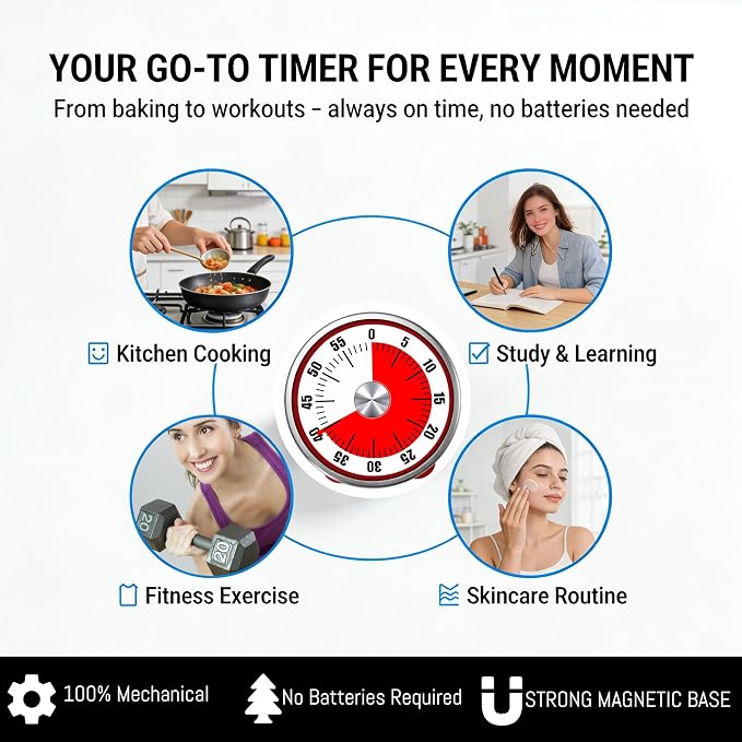 Mechanical Kitchen Timer, 60 Minute Wind Up Magnetic Visual Cooking Timer with Loud Alarm, Stainless Steel No Batteries Countdown Timer for Classroom, Office, Teacher (Red Timer with Bracket)