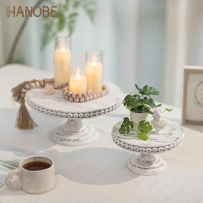 Hanobe White Wood Cake Stand: Cupcake Pedestal Stand 12 inch Dessert Display Riser Rustic Round Cakes Holder Tray Vintage Beads Wooden Plate for Christmas Wedding Birthday Decor