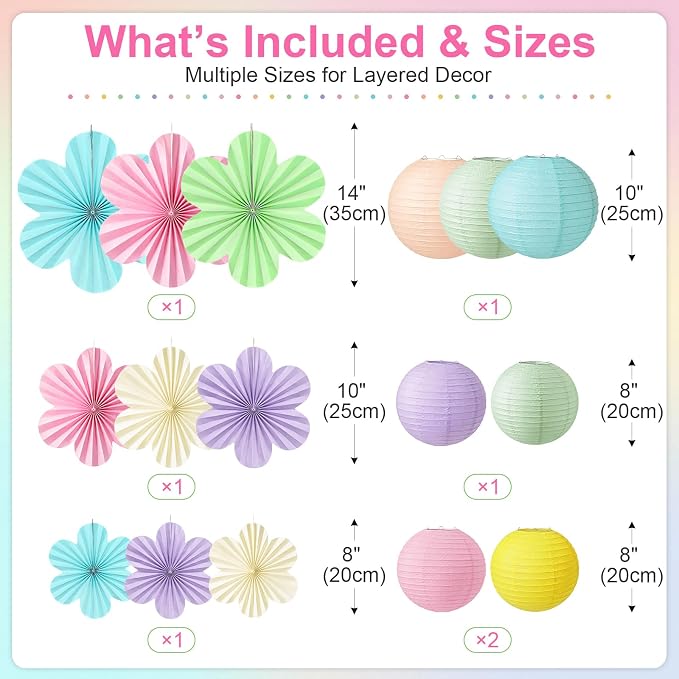 Peywot Pastel Classroom Decor - 18Pcs Flower Fans & Paper Lanterns for Classroom Ceiling Decorations, Birthday, Baby Shower & Pastel Rainbow Party Decor
